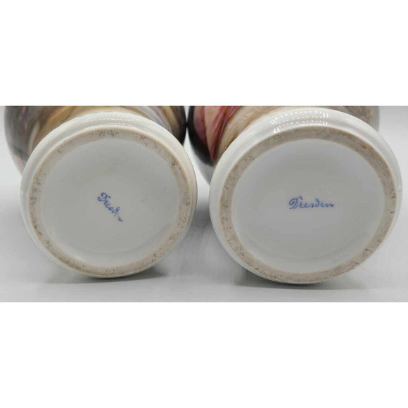 Antique Dresden Hand-Painted Pair of 7 1/4"H Vases. Work of Art. - Picture 2 of 16